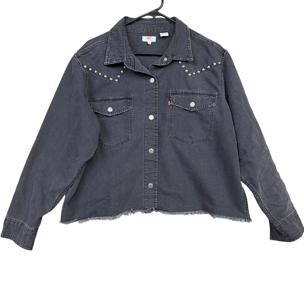 Levis Womens Shirt Black Daniela Denim Snap Button Distressed Cropped Large